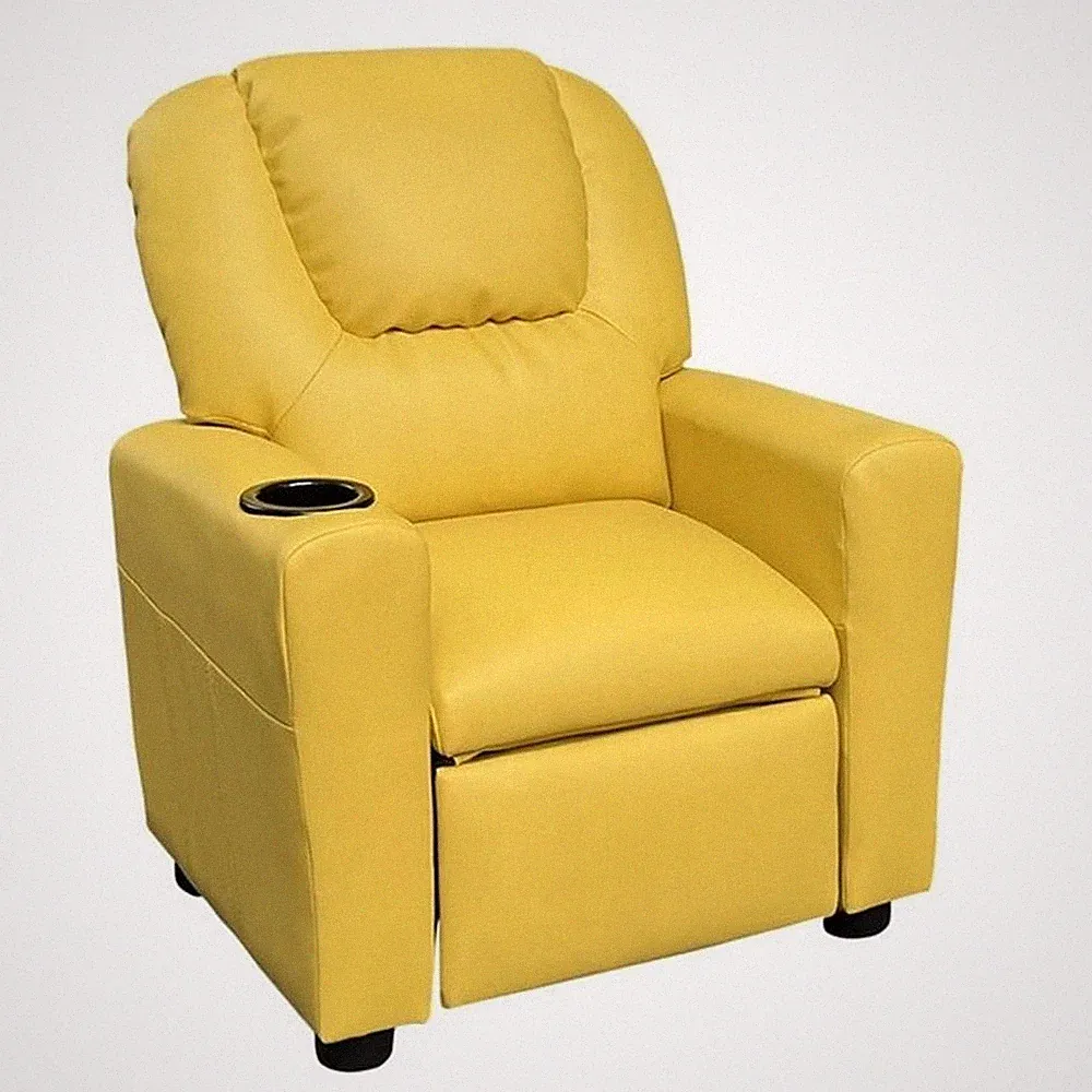 Benjara Kids Youth Recliner Chair with Cup Holder-Yellow Faux Leather Upholstery