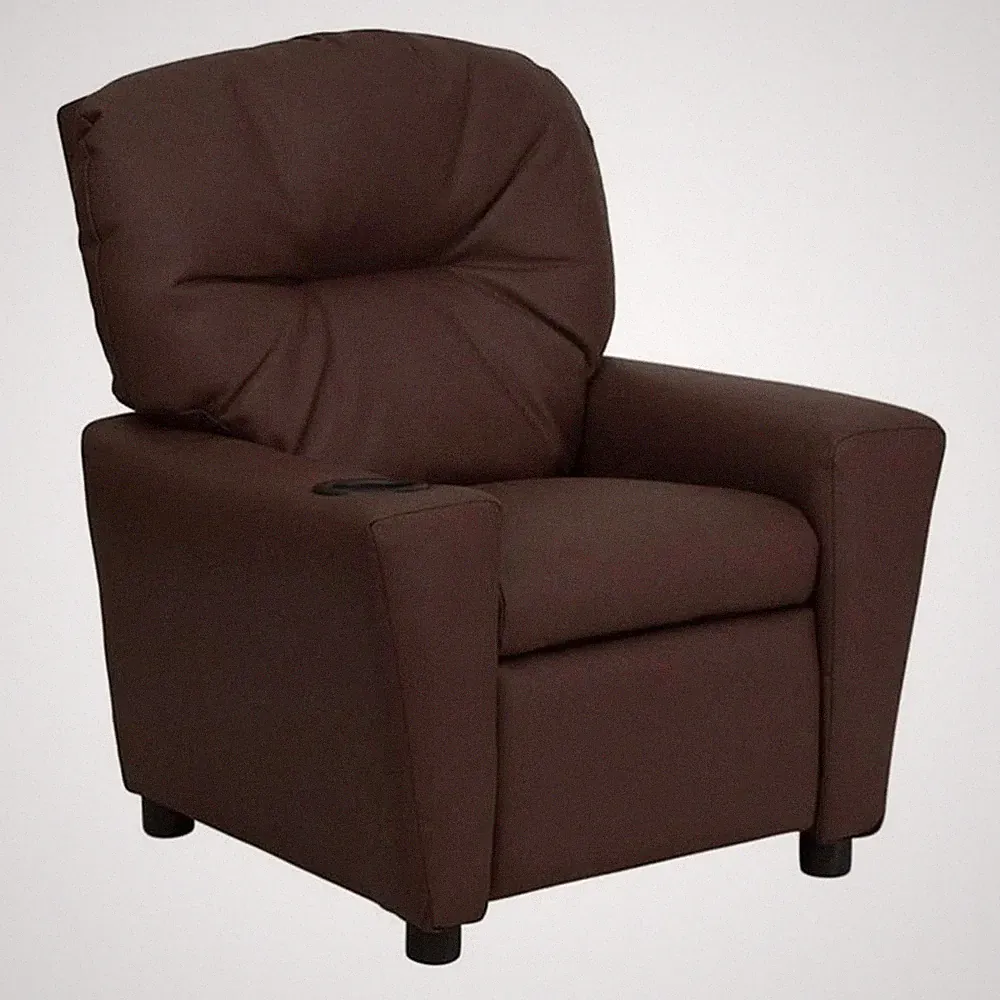 Bowery Hill Contemporary Leather Kids Recliner with Cup Holder in Brown