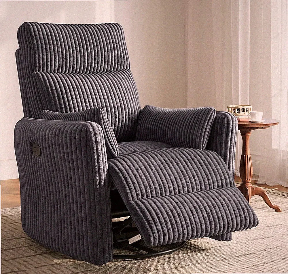 Comfy 360 Swivel Nursery Recliner - Gray Corduroy Glider with 2 Pillows