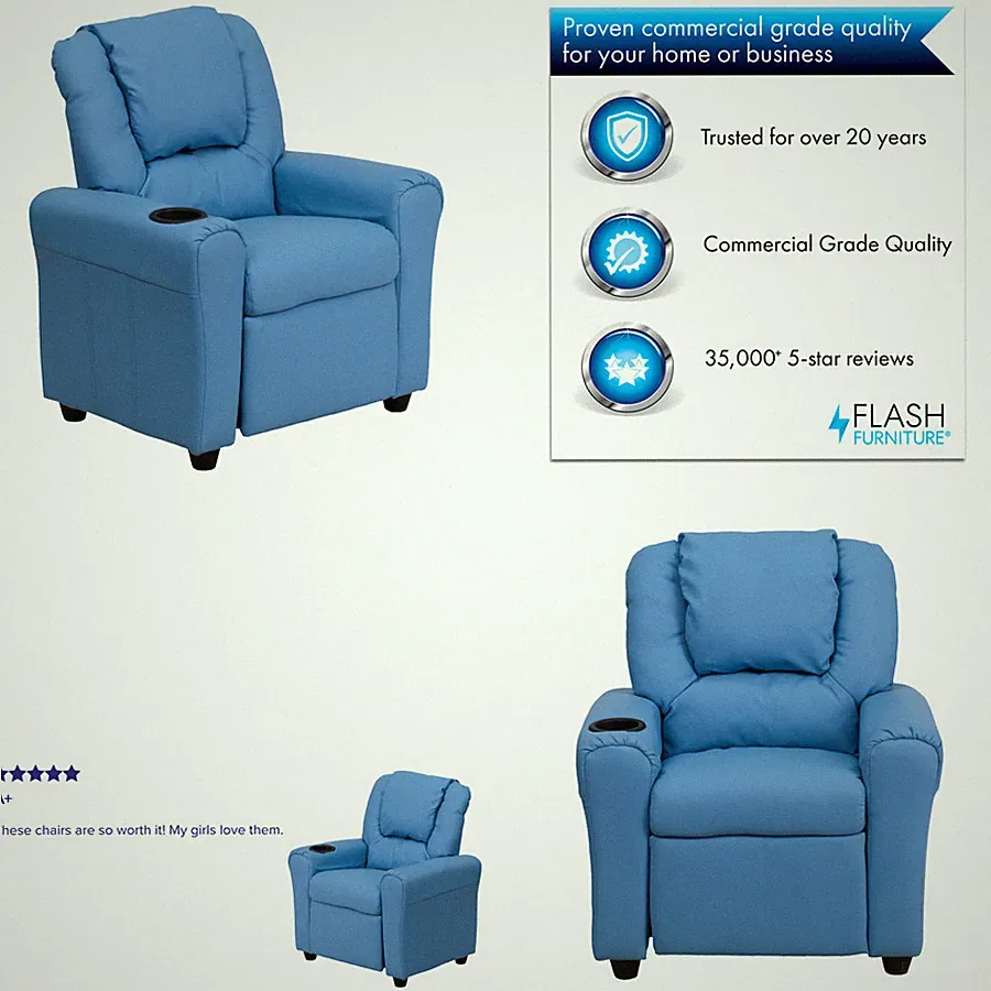 Contemporary Kids Recliner Chair with Cup Holder and Headrest Small Sofa, Blue