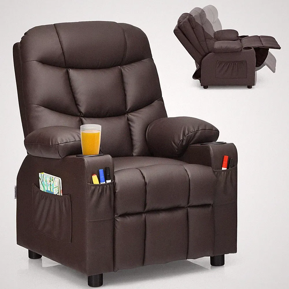 Costway Kids Youth Recliner Chair PU Leather w/Cup Holders & Side Pockets Brown