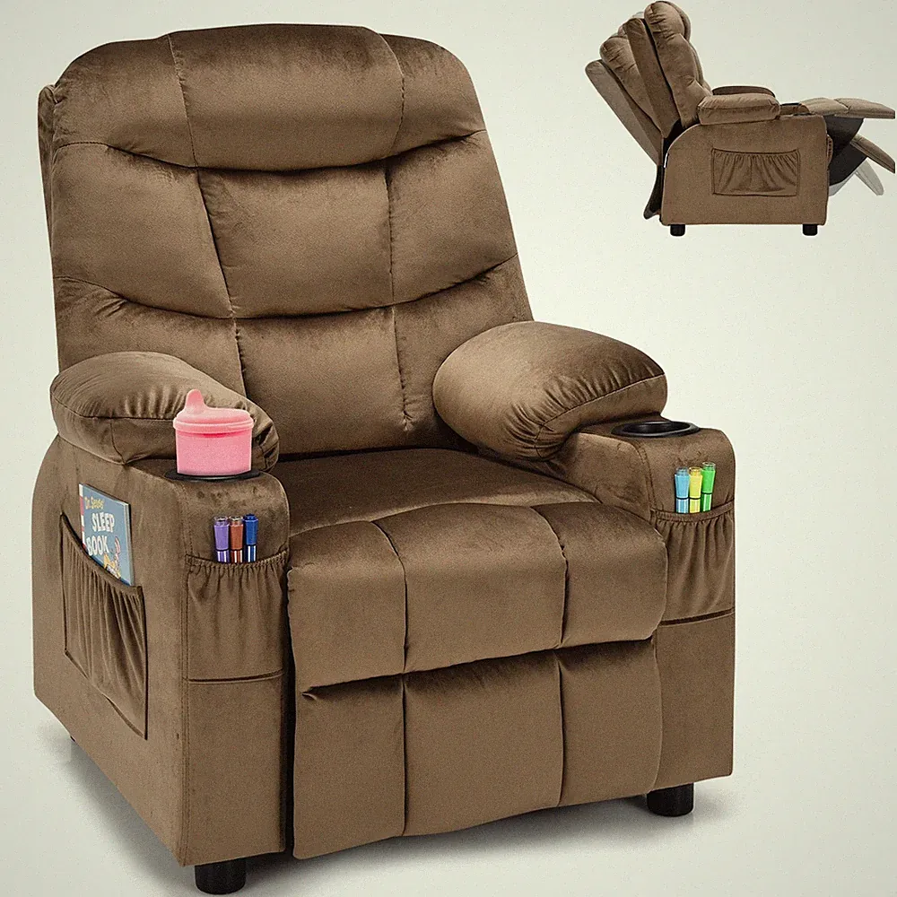 Honeyjoy Kids Youth Recliner Chair Velvet Fabric Armrest Sofa w/Cup Holder Brown
