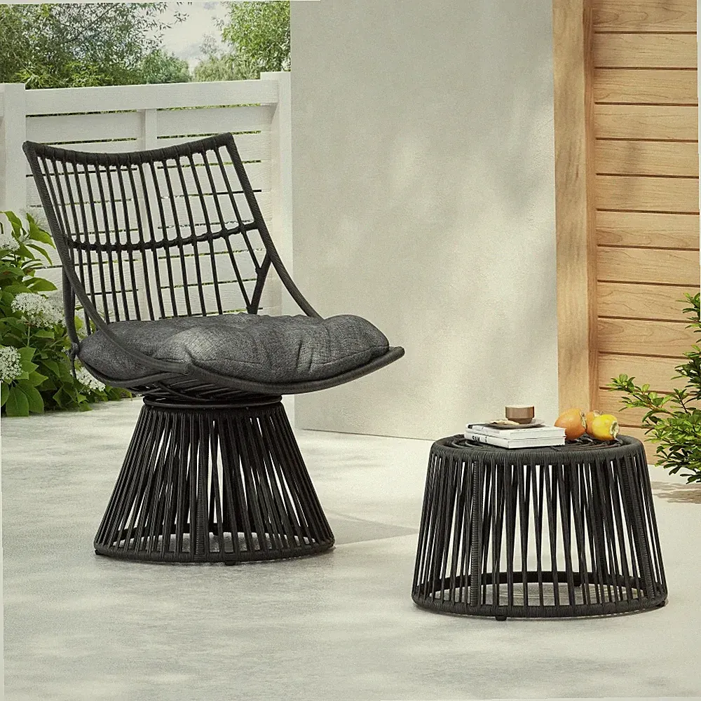 Mid Century High Back Wicker Chair with Side Table Grey PE Rattan